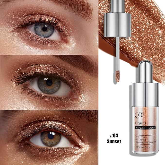 QIC Liquid Glitter Eyeshadow, Metallic & Shimmer Finish, Long Lasting, Non-Creasing, Smudge-proof, Lightweight Formula Liquid Eyeshadow for All Skin Tones, Buildable Color (04 Sunset)