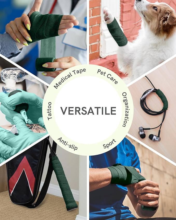 FriCARE Self Adhesive Bandage Wrap, Medical Tape in First Aid Kit, Cohesive Bandages for Wounds Sport Vet, 2 Inches X 5 Yards 6 Rolls, Hunter Green