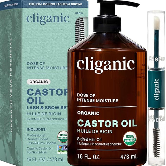Cliganic Organic Castor Oil, 100% Pure (16oz with Eyelash Kit) - For Eyelashes, Eyebrows, Hair & Skin | Bulk, Natural Cold Pressed Unrefined Hexane-Free | DIY Carrier Oil
