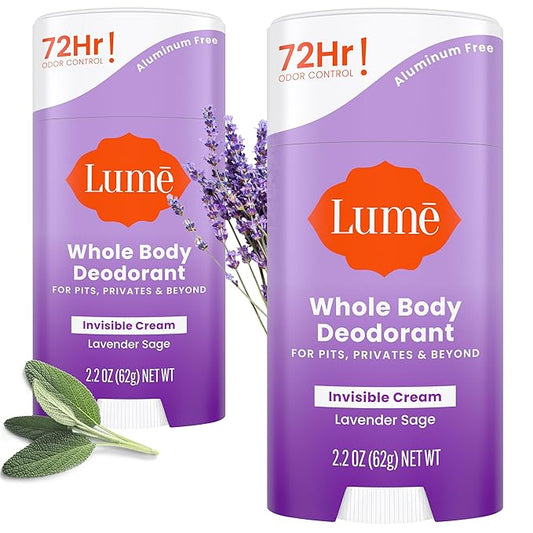 Lume Deodorant Cream Stick - Underarms and Private Parts - Aluminum-Free, Baking Soda-Free, Hypoallergenic, and Safe For Sensitive Skin - 2.2 Ounce (Pack of 2) (Lavender Sage)