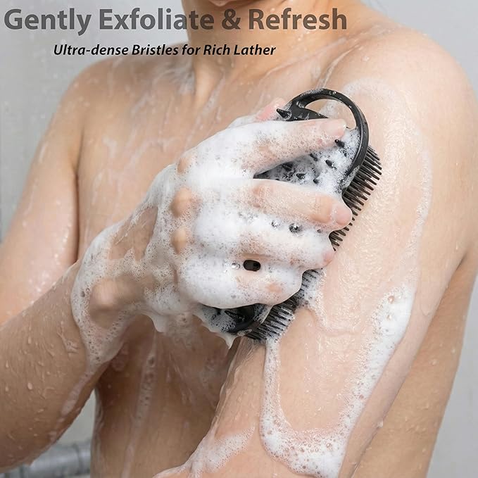 2 PC Silicone Body Scrubber, 2 in 1 Exfoliating Shower Bath Scrubber, Soft Silicone Loofah for Sensitive Skin, Shower Hair Scalp Massager, Easy to Clean, Lather Well (Grey&Black)