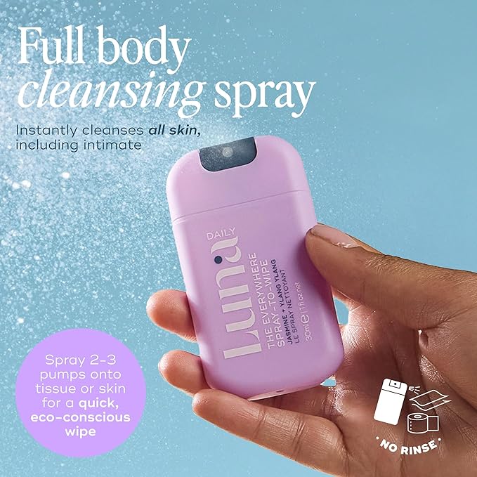 Luna Daily Mini Body Cleansing Spray | Instant Cleansing & Hydration for Feminine & Body Care | pH-Balanced & Moisturizing | Fresh Jasmine & Ylang Ylang Scent | Odor Control & Pregnancy-Safe, 30ml