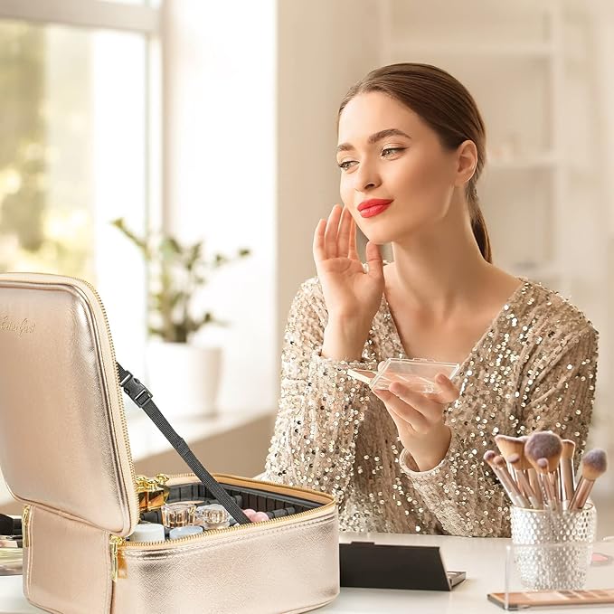 Makeup Travel Train Case with Mirror LED Light 3 Adjustable Brightness Large Cosmetic Bag Portable Storage Adjustable Partition Waterproof Make up Brushes Makeup Jewelry Gift for Women