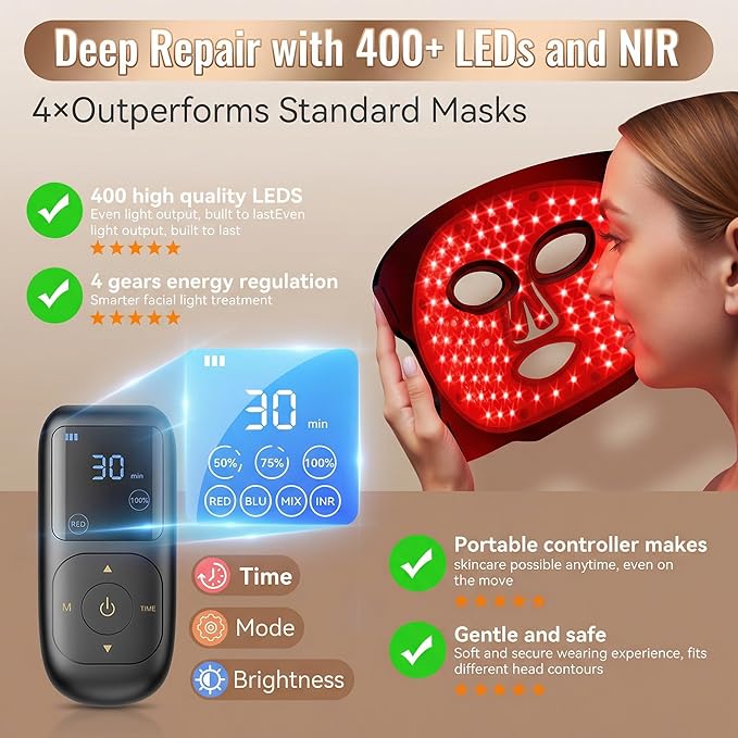 WAYCOM Red Light Therapy Mask: FDA-Cleared 400 LEDs Portable LED Light Therapy for Face - 4-Modes Portable Blue Orange 850NM Infrared & Red Light Mask at Home Travel with Timing Function Remote Black