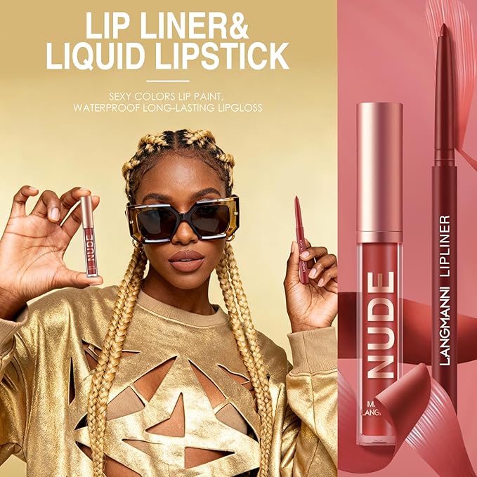 Jolilab 12Pcs Matte Lip Liner + Liquid Lipstick Set, One Step Velvety Nude Lip Stain Waterproof Long Wear High Pigment Lip Makeup Gift Set（Set C）