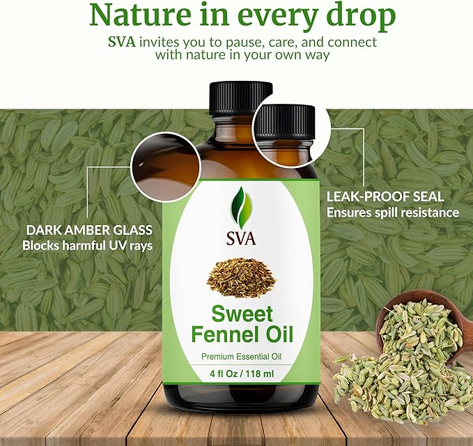 SVA Sweet Fennel Essential Oil – 4 Fl Oz – 100% Natural Fennel Oil - for Diffuser, Hair Care, Face, Skin Care, Aromatherapy, Scalp and Body Massage, Soap and Candle Making – with Dropper