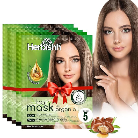 Herbishh Argan Hair Mask - Deep Conditioning & Hydration 25ml x 5 Pouches for Healthier, Nourished Hair | No Sulphates, No Parabens | Travel-Friendly Pack