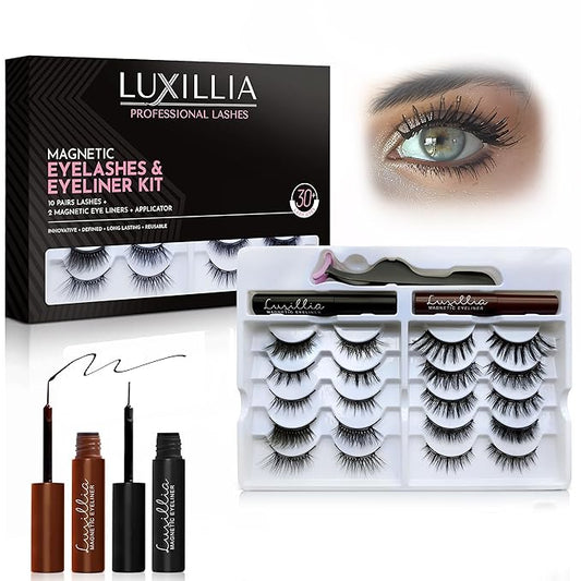 Luxillia Magnetic Eyelashes Kit – 13 Piece Magnetic Eyelash & Eyeliner Set with Applicator – Natural Look Easy Apply Reusable Fake Extension Lashes, No Glue – Pestañas Postizas Magnéticas Naturales