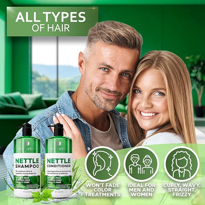 Nettle Shampoo and Conditioner Set - Sulfate Free to Boost Volume - Thickening, Strengthening, Volumizing Formula for Fine and Thinning Hair Women and Men - 16 Fl Oz (Pack of 2)