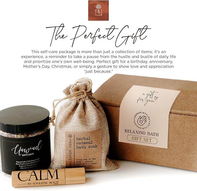 SOULISTIC ROOT Revitalizing Bath Gift - Premium Self-Care Bath & Body Set with Lavender Oatmeal Soak, Tranquil Essential Oil Roller, Epsom Salt Soak, Home Spa Kit, Valentine's Day Ready-to-Gift Box