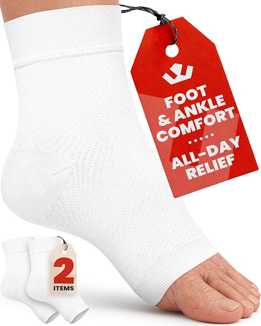 KEMFORD Ankle Compression Sleeve - 1-Pair, Plantar Fasciitis Braces - Open Toe Compression Socks for Swelling, Sprain, Neuropathy, Foot Arch Support for Men and Women - 20-30mmhg, XL, White