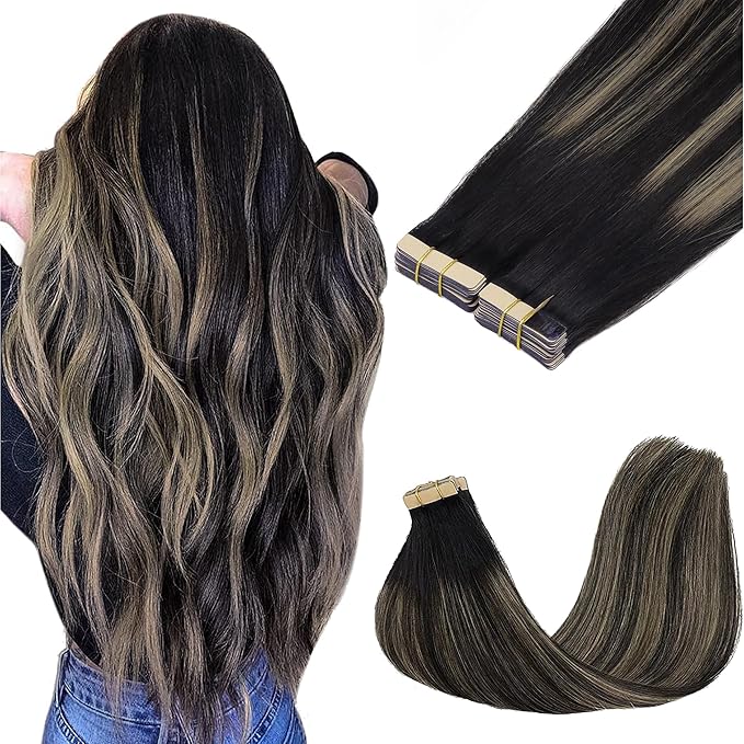 GOO GOO Tape in Hair Extensions Human Hair, 1B/19/1B Natural Black to Light Blonde, 22inch 100g 40pcs, Skin Weft Seamless Invisible, Silky Straight with Thick Ends, Remy Human Hair