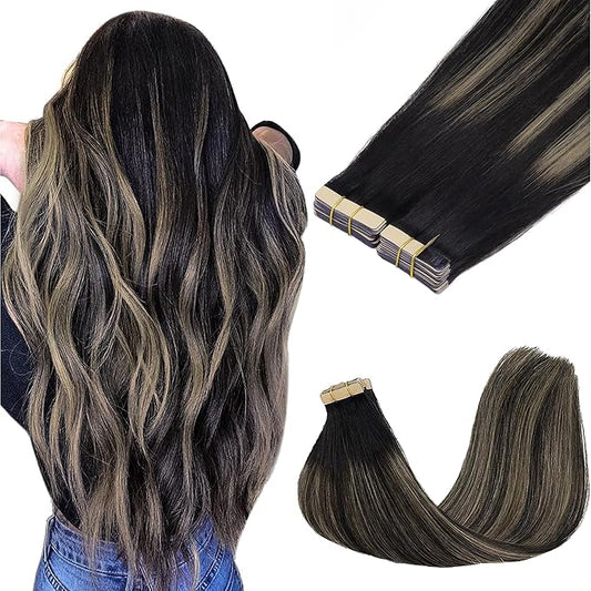 GOO GOO Tape in Hair Extensions Human Hair, 1B/19/1B Natural Black to Light Blonde, 22inch 100g 40pcs, Skin Weft Seamless Invisible, Silky Straight with Thick Ends, Remy Human Hair