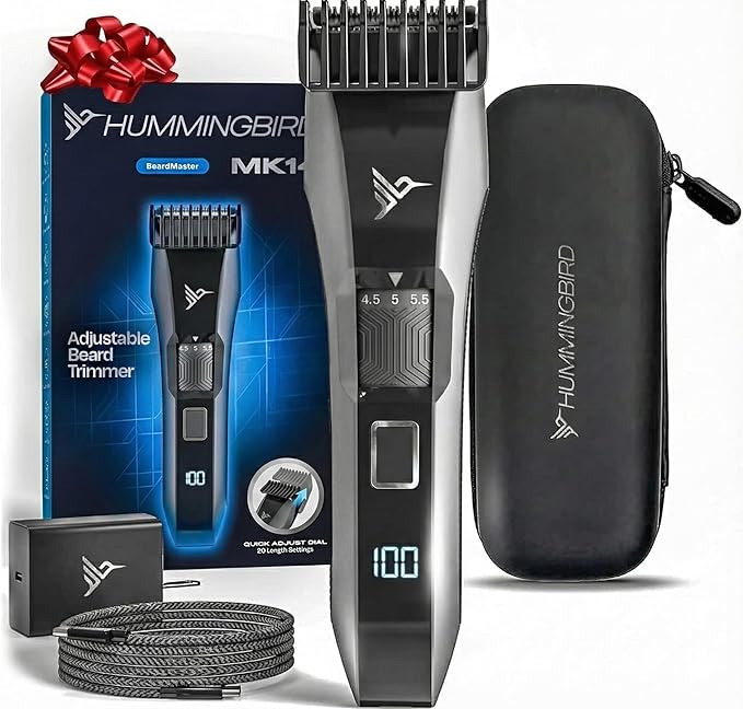 HUMMINGBIRD MK14 BeardMaster – Premium Beard Trimmer for Men, Precision Dial, Adjustable 20 Length Settings, Stainless Steel T-Blade, Cordless USB-C Rechargeable, Waterproof, LED Display, Travel Case