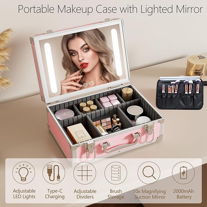 Travel Makeup Case with LED Mirror - Hard Shell Pink Travel Makeup Bag with Mirror - Portable Makeup Organizer with Mirror, Vanity Case for Cosmetics, Adjustable Divider