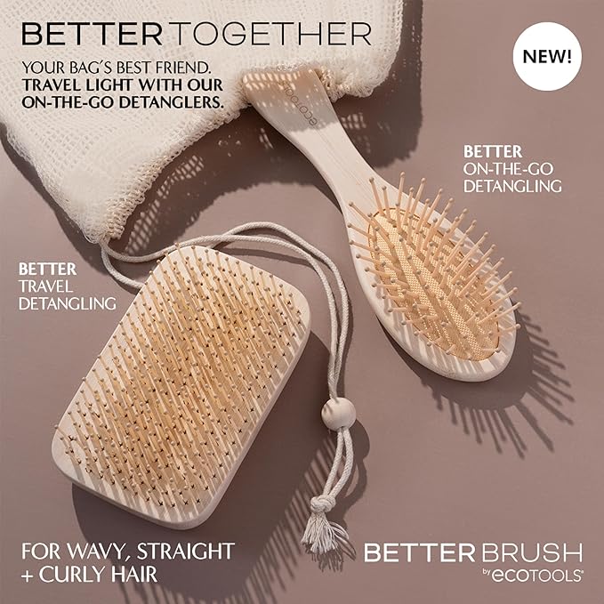 EcoTools Travel Detangler Hairbrush, Gently Detangle & Smooth Hair, Brush For Wet Or Dry Hair, Heat Resistant, Mini Renewable Bamboo Hairbrush For Styling On-The-Go, Vegan & Cruelty-Free, 1 Count