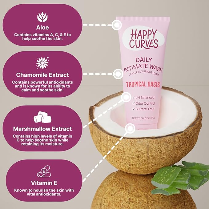 HAPPY CURVES Feminine Wash - pH Balanced Cleanser with Aloe & Vitamin E - Intimate Care for Women - Odor Control, Gentle Daily Vaginal Wash for Sensitive Skin (7 Fl Oz (Pack of 1), Tropical Oasis)
