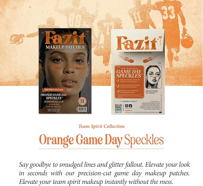 Fazit Makeup Patches - Orange Game Day Speckles - Glow Up Make-Up Patches - Cute Glitter Makeup Accessories for Women - Cosmetic Glitter for Face