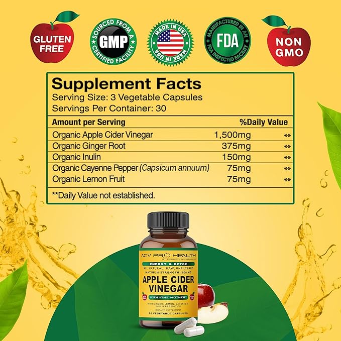 Promethean Wellness ACV Pro Apple Cider Vinegar Capsules Certified Organic with Mother ACV Pills Detox Cleanse Acid Reflux Relief Support Supplement Ginger Root Cayenne Pepper Powder