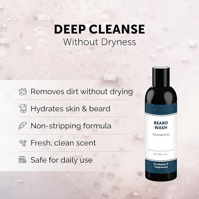 Detroit Grooming Co. Beard Wash – Deep Cleansing & Hydrating Beard Shampoo with Aloe Vera & Essential Oils - 8oz (Ironwood)
