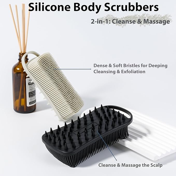 2 PC Silicone Body Scrubber, 2 in 1 Exfoliating Shower Bath Scrubber, Soft Silicone Loofah for Sensitive Skin, Shower Hair Scalp Massager, Easy to Clean, Lather Well (Grey&Black)