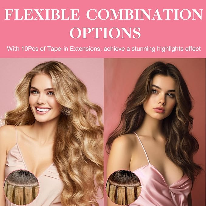 GOO GOO Tape in Hair Extensions Human Hair, 18D/22F Dirty Blonde Highlights, 20inch 30g 10pcs, Skin Weft Seamless Invisible, Silky Straight with Thick Ends, Remy Human Hair