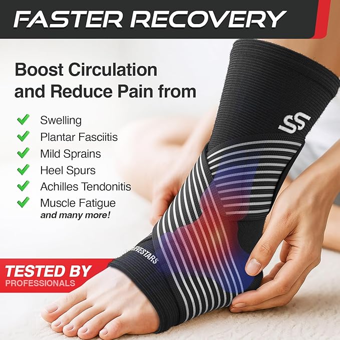 Sleeve Stars Ankle Brace for Women & Men, Ankle Wrap for Sprained Ankle, Compression Sleeve for Plantar Fasciitis Relief, Easy Customizable Support: w/Removable Strap (Pair/S:9"-10"/Black)