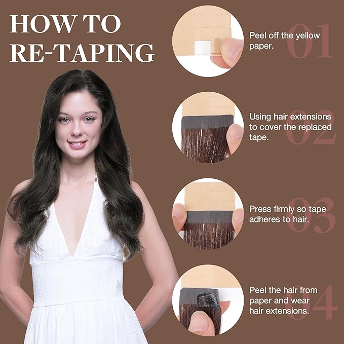 GOO GOO Tape in Hair Extensions Human Hair, 1C Mocha Brown, 18inch 25g 10pcs, Skin Weft Seamless Invisible, Silky Straight with Thick Ends, Remy Human Hair