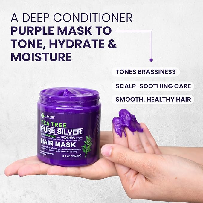 Tea Tree Purple Hair Mask Toner with Argan Oil, Deep Conditioner for Dry Damaged Bleached, Blonde White & Gray Hair, Relieves Itchy Scalp, Removes Brassy & Yellow Tones | Hair Mask Toner, Deep Conditioner, Gray Hair Care, Blonde Hair Care, Bleached Hai...