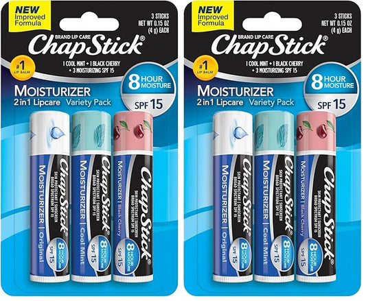 ChapStick Moisturizer 2-in-1 Lipcare SPF 15, Original, Black Cherry, Cool Mint, 6-Pack – Sunscreen Lip Balm with Aloe Vera and Vitamin E, 0.15 Oz Ea