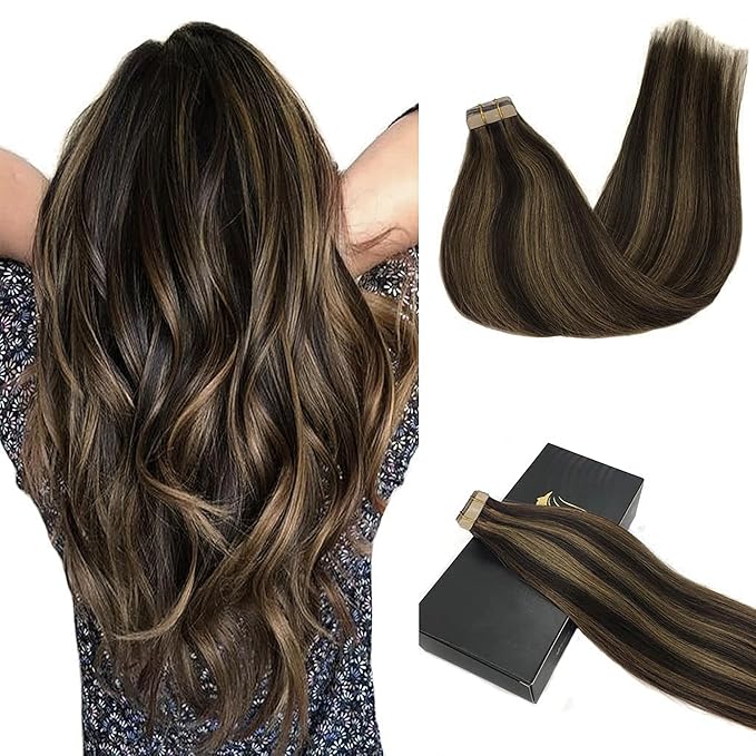 GOO GOO Tape in Hair Extensions Human Hair, 2/6 Dark Brown Highlighted Chestnut Brown, 20inch 50g 20pcs, Skin Weft Seamless Invisible, Silky Straight with Thick Ends, Remy Human Hair