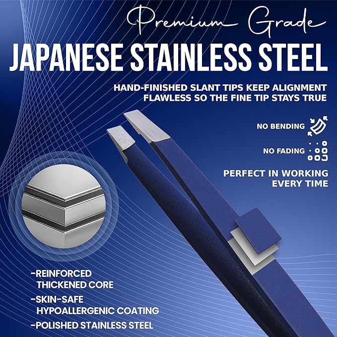Stainless Steel Mini Slant Tweezer - Professional Precision Eyebrow Tweezers for Women & Men, Rust-Proof Travel Grooming Tool for Facial Hair Removal, Chin Hair & Ingrowns (Midnight Blue)