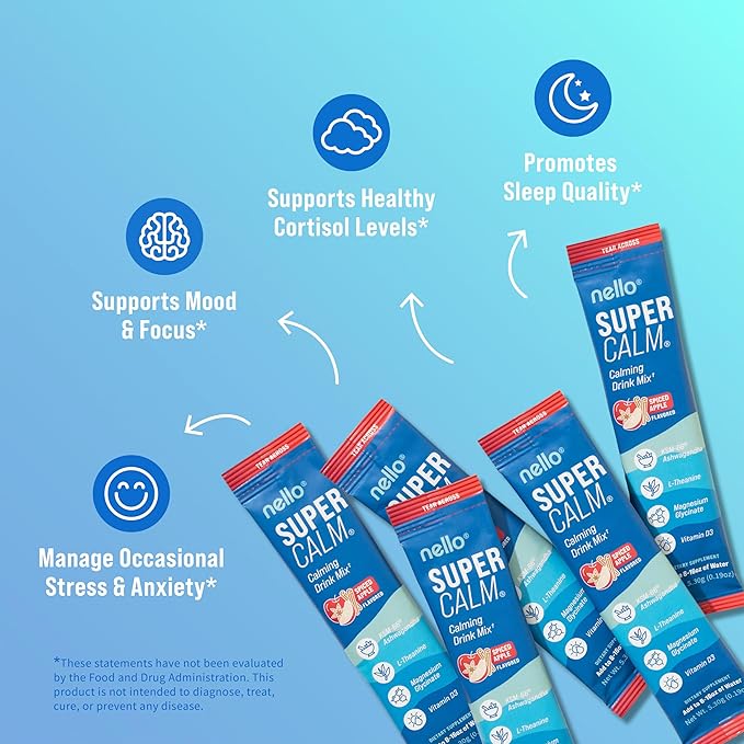 Nello Supercalm Powdered Drink Mix, Cortisol Reducer* and Sleep Aid Supplement, L Theanine, Ksm-66 Ashwagandha, Magnesium Glycinate, Vitamin D 3, No Sugar, Non GMO, On The Go, 20 Ct, Spiced Apple