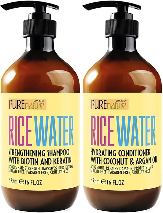 Rice Water Shampoo and Conditioner Set - Sulfate Free Formula for Fine Hair Women and Men - Volumizing and Thickening Formula for Thinning Strands - 16 Fl Oz (Set of 2)