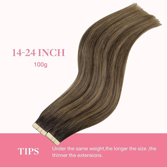GOO GOO Tape in Hair Extensions Human Hair, 4D/14/5B Brunette Balayage, 22inch 100g 40pcs, Skin Weft Seamless Invisible, Silky Straight with Thick Ends, Remy Human Hair