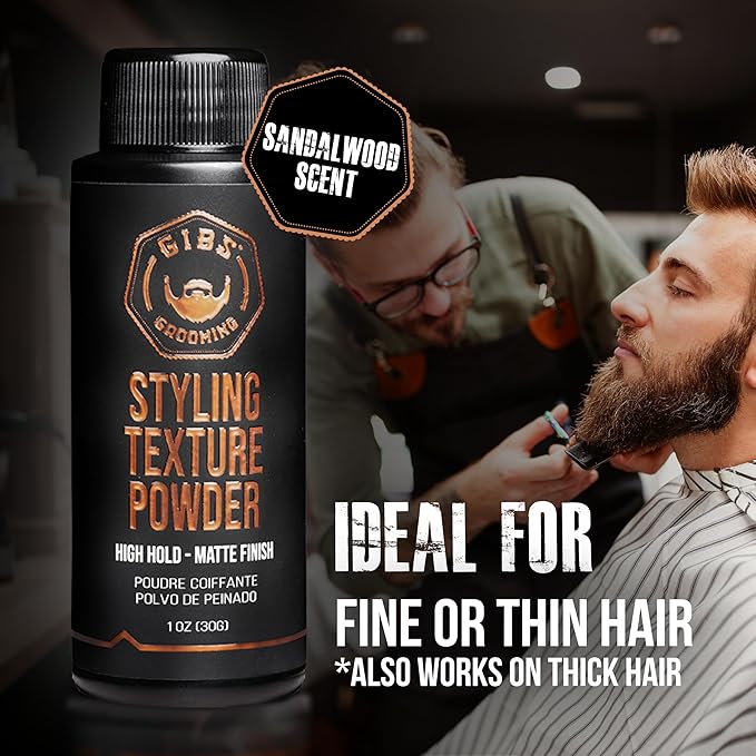 GIBS Grooming - Styling Texture Powder for Men and Women - High Hold - Matte Finish - All Hair Types - Texture, Volume, Grip - Silica - Sandalwood - Hair Styling Products - Travel Size - 1 oz (30g)