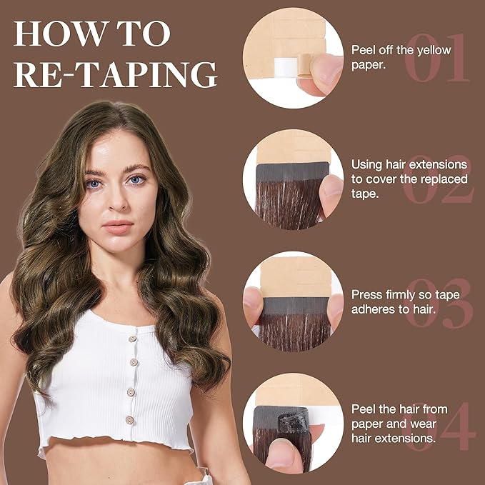 GOO GOO Tape in Hair Extensions Human Hair, 1D/2C/4E Chocolate Dip Color Melt, 14inch 100g 40pcs, Skin Weft Seamless Invisible, Silky Straight with Thick Ends, Remy Human Hair