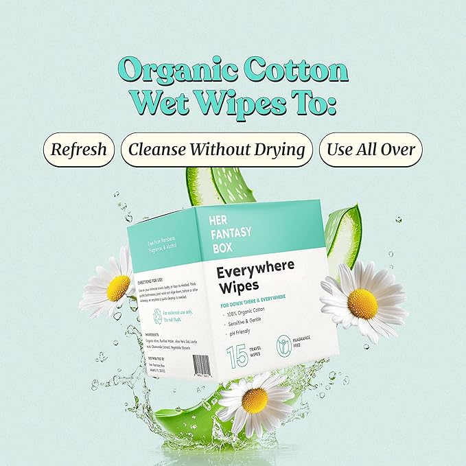 Her Fantasy Box | Everywhere Wipes – 100% Organic Cotton, Gentle & Refreshing, pH-Balanced, Fragrance-Free, Plant-Powered for Body, Face & Intimate Areas, Ideal for Sensitive Skin - 12 Pack, 180 Wipes