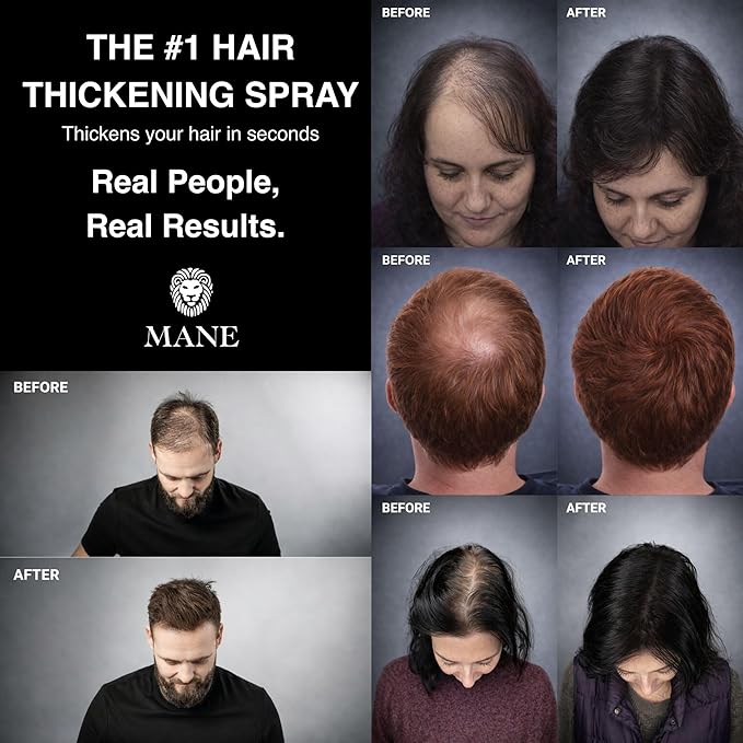 Mane Hair Thickening Spray & Root Touch Up, Instantly Thicker Hair for Men & Women, Fill in Hairlines and Hide Thinning and Fine Patches - Dark Brown, 12 Colors (6.76 oz)