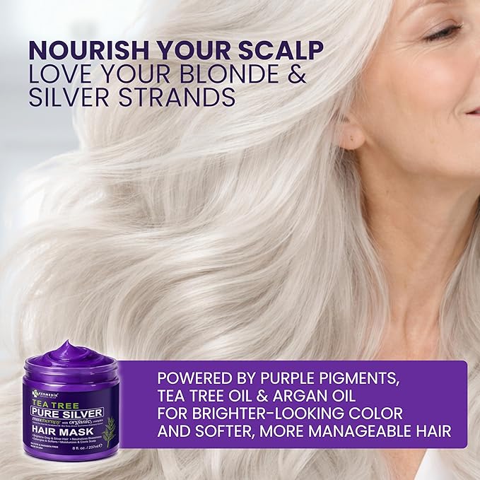 Tea Tree Purple Hair Mask Toner with Argan Oil, Deep Conditioner for Dry Damaged Bleached, Blonde White & Gray Hair, Relieves Itchy Scalp, Removes Brassy & Yellow Tones | Hair Mask Toner, Deep Conditioner, Gray Hair Care, Blonde Hair Care, Bleached Hai...