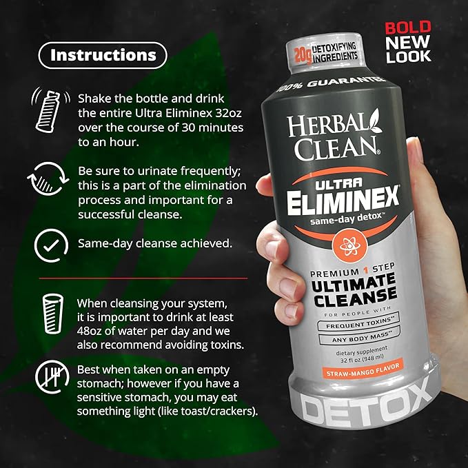 Herbal Clean Same Day Ultra Eliminex Detox Cleanse Drink* (32 fl oz) - Straw-Mango Flavor Full Body Cleanse Detox Drink with Milk Thistle Seed* for high Toxin*, Vitamin B12 for Men & Women