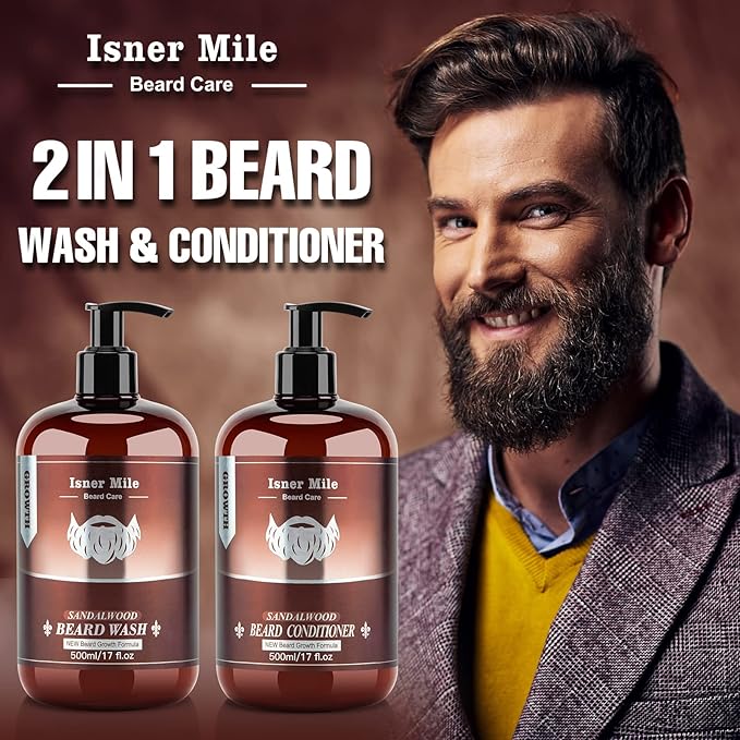 ISNER MILE Beard Wash & Conditioner Set for Men - 17 oz Shampoo with Biotin, Argan & Jojoba Oils for Smooth, Soft, and Strengthened Beard - Sandalwood Scented Grooming Gift