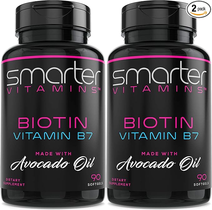 (2 Pack) Smarter Biotin 5000mcg in Avocado Oil, Vitamin B7, Non-GMO, 90 Mini Liquid Softgels, No Soy