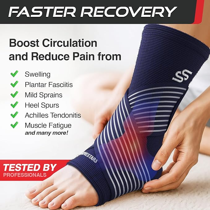 Sleeve Stars Ankle Support for Ligament Damage & Sprained Ankle, Plantar Fasciitis Support & Achilles Tendonitis Pain Relief, Ankle Brace for Women & Men w/Compression Ankle Strap (Single/Navy Blue)