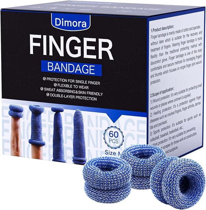 Dimora Finger Cots, Pack of 60 (Medium Size) Finger Protectors, Breathable Bandages for Wound Care, Stretchy Sleeves for Gardening, Fitness and Cargo Handling, Blue