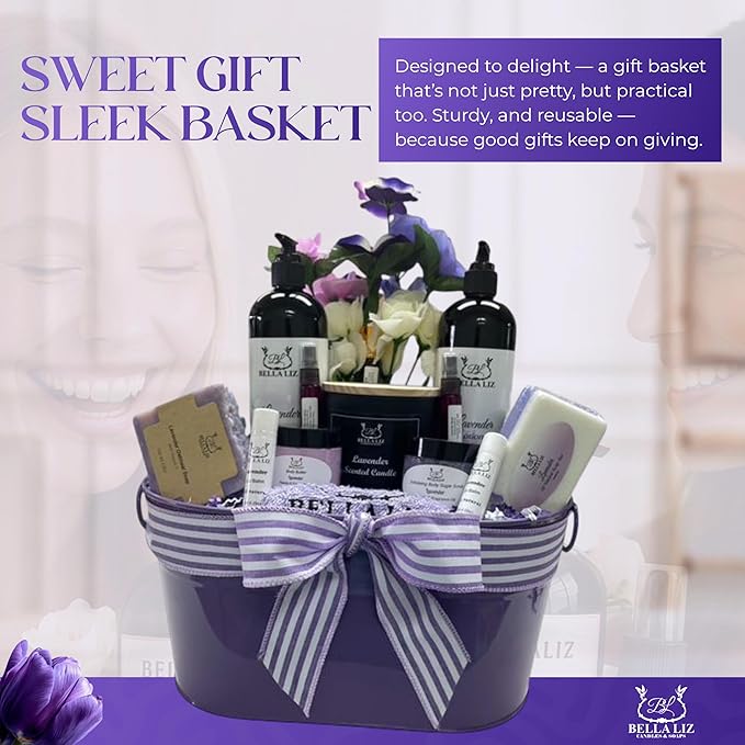 Bella Liz Lavender Gift Set – 14 piece Spa Set with Soy Candle, Handmade Soaps, Body Wash & Lotion, Bath Bombs, Lip Balms, Sugar Scrub, Body Butter & More – Self-Care Gift