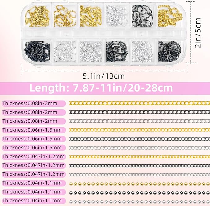 12 Strips Metal Nail Art Chains, 3D Gold Silver Dark Gray Punk Gothic Nail Chain Charms, Jewelry DIY Manicure Decorations, Gems Studs Accessories with Storage Box for Women Girls, Easy to Apply