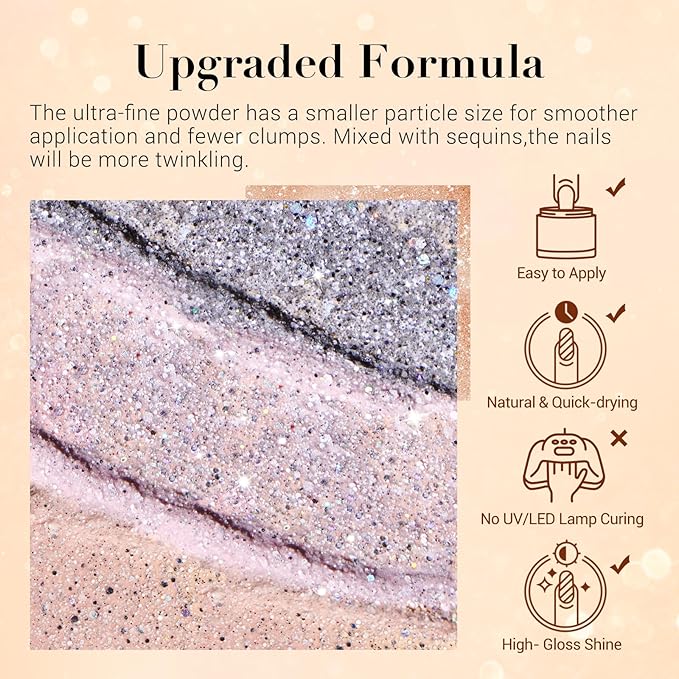 AZUREBEAUTY Dip Powder Nail Set, Silver Pink Black Golden Yellow Glitter Sparkly Shiny Chrome Platinum, 6 Colors All Seasons Dipping Powder Starter Kit Nail Art Manicure Salon, No Need Nail Lamp Cured