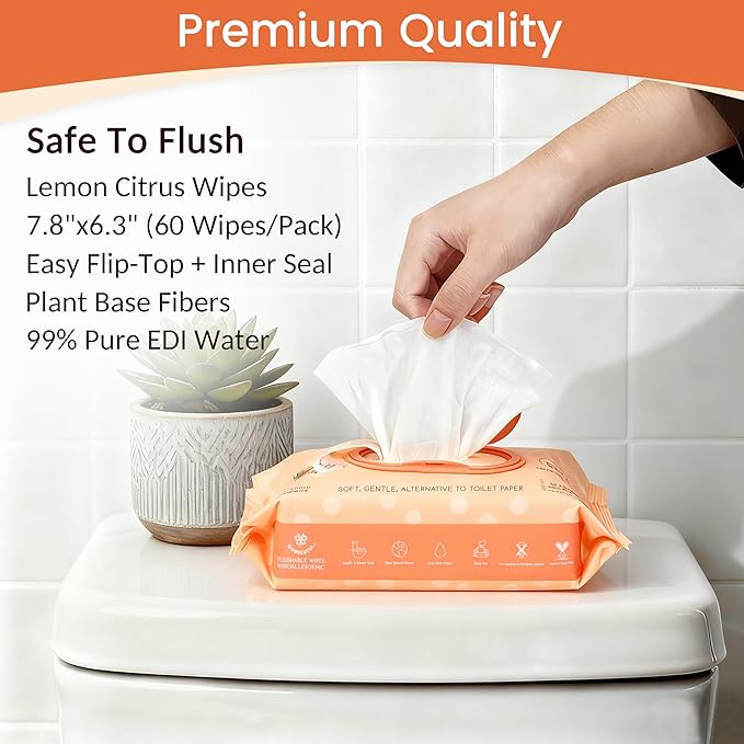 WONDERFUL Flushable Wipes, Lemon Citrus 100% Plant-Based Wet Butt Wipe for Adults & Kids, Sewer Septic Safe, Gentle for Sensitive Skin, Wipes Flushable Pack for Bathroom & Travel, 6-Pack (360 Counts)