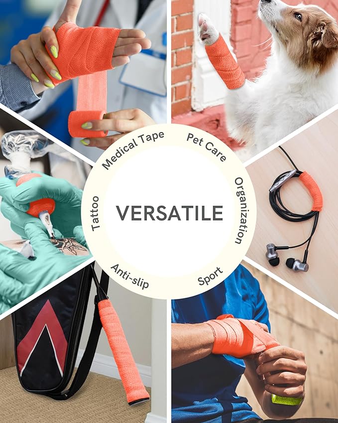 FriCARE Self Adhesive Bandage Wrap, Medical Tape in First Aid Kit, Cohesive Bandages for Wounds Sport Vet, 2 Inches X 5 Yards 6 Rolls, Fluorescent Orange